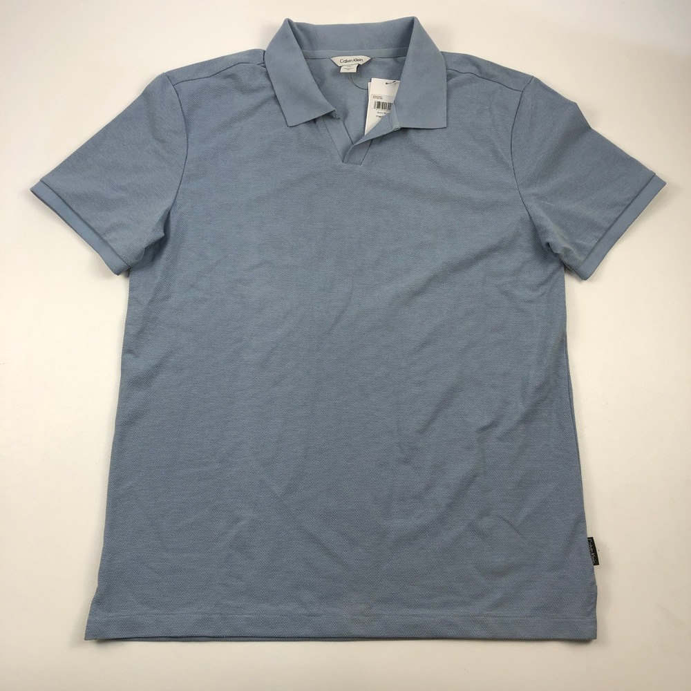 NEW Calvin Klein Polo Shirt Mens Medium Dusty Blue V-Neck Textured Pique NWT